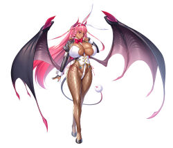 1girl absurdres alternate_costume animal_costume animal_ears aoi_nagisa_(metalder) blue_eyes bow bowtie braid breasts cleavage corset curvy dark-skinned_female dark_skin demon_girl demon_tail demon_wings detached_collar fake_animal_ears fishnet_pantyhose fishnets high_heels highres horns huge_breasts juliet_sleeves leotard lilith-soft long_hair long_sleeves nipples official_alternate_costume official_art one_eye_closed pantyhose phantasma_(taimanin_rpgx) pink_hair playboy_bunny puffy_sleeves rabbit_costume rabbit_ears rabbit_tail red_bow red_bowtie shiny_skin shrug_(clothing) solo tail taimanin_(series) taimanin_rpgx thighs twin_braids very_long_hair wide_hips wings wrist_cuffs