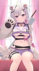 Rule 34 | 1girl, :q, absurdres, ahoge, animal ears, animal hands, bear ears, breasts, choker, collarbone, gloves, hand up, highres, indie virtual youtuber, koiten production, long hair, looking at viewer, medium breasts, mole, mole on breast, multicolored hair, navel, paw gloves, pink hair, purple choker, purple hair, purple shorts, shorts, sitting, solo, starfox1015, sword, sword behind back, tongue, tongue out, underboob, virtual youtuber, weapon, weapon on back, white hair, xiho (vtuber)