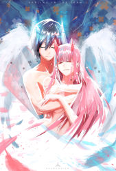 Rule 34 | 10s, 1boy, 1girl, artist name, black hair, blue horns, closed eyes, collarbone, commentary, couple, darling in the franxx, drawgonian, english commentary, hand on another&#039;s arm, hetero, highres, hiro (darling in the franxx), horns, hug, hug from behind, long hair, nude, oni horns, pink hair, red horns, short hair, signature, topless male, white wings, wings, zero two (darling in the franxx)
