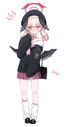 Rule 34 | 1girl, beret, black hat, black wings, blue archive, blush, character name, feathered wings, full body, halo, hat, head wings, highres, koharu (blue archive), loafers, looking at viewer, loose socks, low wings, miniskirt, mofujiro, neckerchief, pink eyes, pink hair, pink neckerchief, sailor collar, shoes, shy, simple background, skirt, sleeves past fingers, sleeves past wrists, socks, solo, standing, twintails, white background, white sailor collar, wings