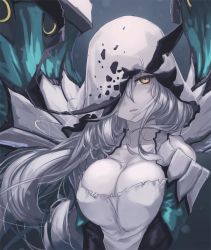 Rule 34 | 1girl, abyssal ship, breasts, cleavage, entombed air defense guardian princess, hair between eyes, hood, hood up, kantai collection, large breasts, long hair, open mouth, pale skin, rokuwata tomoe, solo, white hair, yellow eyes