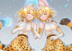 Rule 34 | 2girls, animal ears, bad id, bad twitter id, belt, black belt, blonde hair, bow, bowtie, closed eyes, closed mouth, commentary, dual persona, elbow gloves, from above, gloves, high-waist skirt, holding hands, interlocked fingers, inukoro (spa), kemono friends, light particles, lying, miniskirt, multiple girls, on back, print gloves, print neckwear, print skirt, serval (kemono friends), serval print, serval tail, shirt, short hair, side-by-side, skirt, sleeping, sleeveless, sleeveless shirt, smile, striped tail, tail, traditional bowtie, white shirt, yellow gloves, yellow neckwear, yellow skirt