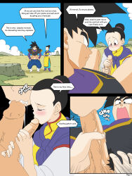 Rule 34 | 1boy, 1girl, 2boys, age difference, bad tag, black eyes, black hair, blue sky, blush, border, chi-chi (dragon ball), chinese clothes, closed mouth, cloud, comic, cum, cum in mouth, day, dougi, dragon ball, dragon ball super, english text, erection, fellatio, hair bun, hands on own hips, hetero, husband and wife, incest, large penis, mother and son, multiple boys, muscular, muscular male, open mouth, oral, outdoors, pasaway komiks, penis, rock, scarf, single hair bun, sky, son gohan, son goku, speech bubble, standing, tears, uncensored, vegeta, zamasu