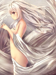 Rule 34 | 1girl, blonde hair, blush, breasts, closed mouth, commentary request, convenient censoring, cowboy shot, expressionless, floating hair, from side, grey background, highres, long hair, medium breasts, missile228, nude, original, own hands clasped, own hands together, profile, red eyes, shawl, sidelocks, simple background, solo, standing, tsurime, very long hair, wind