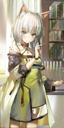 Rule 34 | 1girl, a (sofi3103), absurdres, animal ear fluff, animal ears, arknights, asymmetrical hair, bad id, bad pixiv id, blush, bookshelf, breasts, cat ears, closed mouth, coat, commentary, cowboy shot, detached collar, dress, expressionless, green dress, green eyes, highres, holding, holding syringe, jewelry, kal&#039;tsit (arknights), light green hair, light particles, looking at viewer, material growth, medium breasts, medium hair, multicolored hair, oripathy lesion (arknights), pendant, see-through, silver hair, solo, standing, syringe, test tube, test tube rack, two-tone hair, white coat, wristband