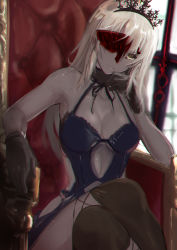 Rule 34 | 1girl, artoria pendragon (all), artoria pendragon (fate), black gloves, black thighhighs, blonde hair, breasts, cleavage, crossed legs, excalibur morgan (fate), fate/grand order, fate/stay night, fate (series), gloves, head rest, jikihatiman, long hair, mask, mouth mask, saber alter, sailor collar, smirk, solo, thighhighs, throne, tiara, yellow eyes