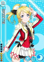 Rule 34 | 10s, 1girl, :&gt;, arm up, ayase eli, black bow, black necktie, blonde hair, blue background, blue eyes, blush, bow, card (medium), character name, collar, crescent, crescent moon, cropped jacket, cuffs, earrings, frilled collar, frilled shirt collar, frilled skirt, frills, hair bow, hair ornament, hairclip, high collar, high ponytail, idol, jacket, jewelry, jpeg artifacts, layered clothes, long sleeves, looking at viewer, love live!, love live! school idol festival, love live! school idol project, moon, necktie, official art, open clothes, open jacket, pleated skirt, salute, short hair, skirt, smile, solo, sore wa bokutachi no kiseki, star (symbol), swept bangs, two-finger salute