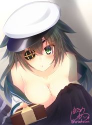 Rule 34 | 10s, 1girl, :o, absurdres, bare shoulders, blush, box, breasts, cleavage, collarbone, eyebrows, eyepatch, eyes visible through hair, gift, gift box, gradient background, green eyes, hair between eyes, hat, highres, holding, holding gift, kantai collection, kiso (kancolle), large breasts, long hair, looking at viewer, loose clothes, loose shirt, murasame shia, no bra, off shoulder, peaked cap, shade, shadow, shirt, signature, solo, tail ein, tears, upper body, valentine