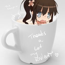Rule 34 | 1girl, blue eyes, brown hair, casual nudity, cup, english text, flower, hair flower, hair ornament, hot, in container, in cup, long hair, lowres, mini person, minigirl, nude, solo, sweat, tusia, twintails, wavy mouth
