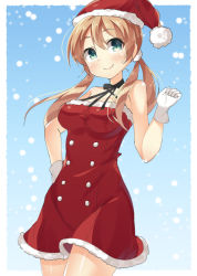 Rule 34 | 10s, 1girl, bad id, bad pixiv id, breasts, dress, gloves, green eyes, hat, kankitsunabe (citrus), kantai collection, medium breasts, prinz eugen (kancolle), santa costume, santa hat, solo, twintails, white gloves