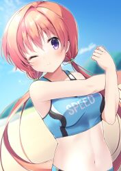 Rule 34 | 1girl, ;), armpit crease, bare arms, blue sky, blush, breasts, closed mouth, commentary, day, floating hair, hair between eyes, hair ornament, hairclip, hand up, highres, kin-iro loveriche, kuryuu akane, long hair, looking at viewer, low twintails, medium breasts, navel, official alternate costume, official alternate hairstyle, one eye closed, orange hair, outdoors, outstretched arm, purple eyes, sidelighting, single hair intake, sky, smile, solo, sports bra, sportswear, stretching, sunlight, takepoison, twintails, upper body, very long hair