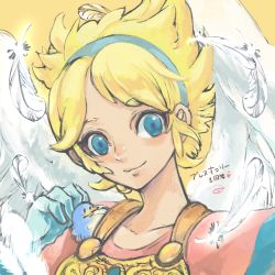 Rule 34 | 1girl, angel wings, anzuni (marblefrog), armor, blonde hair, blue eyes, breath of fire, breath of fire i, closed mouth, feathered wings, gloves, hairband, highres, looking at viewer, nina (breath of fire i), short hair, simple background, solo, white wings, wings