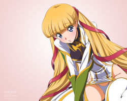 Rule 34 | 1girl, arm support, blonde hair, blue background, blue eyes, blunt bangs, blush, code geass, copyright name, dutch angle, garter straps, gradient background, groin, hair ribbon, high collar, highleg, highleg leotard, highres, kimura takahiro, leaning forward, leotard, long hair, looking at viewer, military, military uniform, monica kruszewski, official art, parted lips, ribbon, sitting, solo, spread legs, thighhighs, turtleneck, twintails, uniform, v arms, very long hair, wariza, watermark, white thighhighs