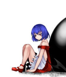 Rule 34 | &gt;:(, 1girl, alternate costume, aoshima, arm support, backless dress, backless outfit, bare shoulders, bat wings, blue hair, cape, closed mouth, dress, from side, frown, full body, highres, knees up, looking at viewer, looking to the side, mary janes, no headwear, off-shoulder dress, off shoulder, red eyes, red footwear, remilia scarlet, rumia, rumia (darkness), shoes, short dress, short hair, sitting, solo, touhou, v-shaped eyebrows, white dress, wings