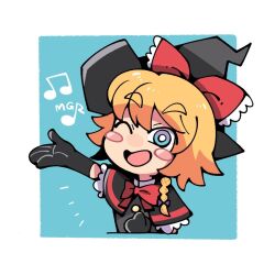 Rule 34 | 1girl, black capelet, black gloves, black hat, black vest, blue background, blush, blush stickers, bow, bowtie, braid, bright pupils, buttons, capelet, character name, commentary request, cookie (touhou), elbow gloves, gloves, hair bow, hat, hat bow, kirisame marisa, looking at viewer, medium bangs, meguru (cookie), music, musical note, one eye closed, open mouth, purple bow, red bow, red bowtie, short hair, side braid, singing, single braid, smile, sn (zigzagspark6), solo, touhou, two-tone background, upper body, vest, white background, white pupils, witch hat