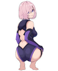 Rule 34 | 1girl, absurdres, ass, bare shoulders, barefoot, blush, breasts, eyes visible through hair, fate/grand order, fate (series), feet, from behind, gloves, grin, hair over one eye, highleg, highleg leotard, highres, kobaji, large breasts, leotard, light purple hair, looking at viewer, mash kyrielight, medium breasts, purple eyes, purple gloves, revision, short hair, simple background, smile, solo, squatting, wedgie, white background