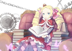 Rule 34 | 10s, 1girl, :o, beatrice (re:zero), blonde hair, blue eyes, blush, book, book stack, bow, bug, butterfly, butterfly-shaped pupils, capelet, chain, couch, crown, dress, drill hair, frills, fur trim, gears, hair bow, hair ribbon, heart, insect, lace-trimmed sleeves, lace trim, long hair, long sleeves, looking at viewer, md5 mismatch, mini crown, open book, pantyhose, pink bow, re:zero kara hajimeru isekai seikatsu, red dress, ribbon, sitting, solo, striped clothes, striped pantyhose, symbol-shaped pupils, transparent, twin drills, twintails, white background, wide sleeves, zzzzxxx2010nian