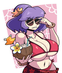 Rule 34 | 1girl, bare shoulders, bikini, breasts, cocktail, coconut, coconut cup, collarbone, cup, drinking straw, floral background, floral print, flower, hair ornament, hairband, hand on own face, hands up, highres, holding, holding cup, huge breasts, kevin arthur, midriff, navel, open mouth, pink background, purple hair, pyonta, red bikini, red skirt, sharp teeth, short hair, side-tie bikini bottom, skirt, solo, stomach, sunglasses, swimsuit, teeth, touhou, tropical drink, two-tone background, upper body, white background, wristband, yasaka kanako