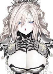 Rule 34 | 1girl, absurdres, armor, blue eyes, blush, breasts, cleavage, fate/grand order, fate (series), gauntlets, highres, kriemhild (fate), kriemhild (third ascension) (fate), large breasts, long hair, looking at viewer, open mouth, pauldrons, ponytail, shoulder armor, solo, tiara, watosu, white hair