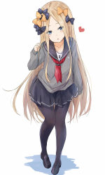 Rule 34 | 1girl, :o, abigail williams (fate), absurdres, alternate costume, black bow, black footwear, black pantyhose, black sailor collar, black skirt, blonde hair, blue eyes, blush, bow, collarbone, colored shadow, commentary request, eyes visible through hair, fate/grand order, fate (series), forehead, full body, grey sweater, hair bow, hand up, head tilt, heart, highres, keyhole, loafers, long hair, long sleeves, looking at viewer, multiple hair bows, neckerchief, orange bow, pantyhose, parted bangs, parted lips, pleated skirt, polka dot, polka dot bow, red neckerchief, sailor collar, saku (kudrove), school uniform, serafuku, shadow, shoes, skirt, sleeves past wrists, solo, sweater, very long hair, white background