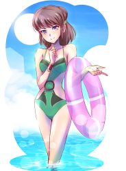 Rule 34 | 1girl, an ren, bare legs, bare shoulders, blue sky, bracelet, breasts, brown hair, cleavage, cloud, cloudy sky, day, green one-piece swimsuit, hair bun, hair up, happy, iesupa, innertube, jewelry, looking at viewer, mature female, one-piece swimsuit, outdoors, pink eyes, rwby, short hair, sky, smile, solo, standing, sunlight, swim ring, swimsuit, wading, water