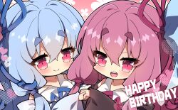 Rule 34 | 2girls, :d, bare shoulders, blue dress, blue hair, blue sleeves, blush, brown dress, brown sleeves, chibi, closed mouth, commentary request, detached sleeves, dress, floral background, hair between eyes, happy birthday, heart, highres, kotonoha akane, kotonoha aoi, long sleeves, milkpanda, multiple girls, open mouth, pink hair, red background, red eyes, short eyebrows, siblings, sisters, sleeveless, sleeveless dress, smile, teeth, thick eyebrows, upper teeth only, voiceroid, wide sleeves