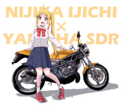 Rule 34 | 1girl, blonde hair, blue skirt, bocchi the rock!, bow, bowtie, brown eyes, highres, ijichi nijika, long sleeves, maruyo, motor vehicle, motorcycle, red bow, red footwear, school uniform, shadow, shirt, shoes, skirt, smile, sneakers, solo, white background, white shirt, yamaha sdr200