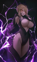 Rule 34 | 1girl, absurdres, ame 816, artoria pendragon (fate), artoria pendragon (lancer alter) (fate), blonde hair, blush, braid, breasts, commission, covered navel, fate/grand order, fate (series), from below, highres, large breasts, lightning, looking at viewer, looking down, medium hair, parted lips, sidelocks, solo, thighs, underboob, yellow eyes
