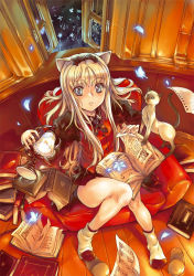 Rule 34 | 1girl, animal ears, black dress, blonde hair, blue eyes, blue hair, blush, book, book stack, bow, bug, butterfly, cat, cat ears, chair, couch, dress, full body, hair bow, bug, juliet sleeves, lamp, long hair, long sleeves, matching hair/eyes, open book, original, petals, puffy sleeves, red upholstery, red vest, schrodinger no nekomimi shoujo, sheet music, siamese, siamese cat, sitting, slippers, socks, solo, szilvia ewigkeit, vest, waistcoat, wazakita, wind, window
