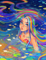Rule 34 | 1girl, absurdly long hair, artist name, breasts, commentary, english commentary, fins, geneva bowers, gills, green eyes, lily pad, long hair, looking at viewer, mermaid, monster girl, multicolored hair, original, parted lips, partially submerged, rainbow hair, scales, solo, straight hair, fish tail, very long hair, water, watermark