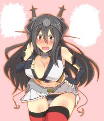 Rule 34 | 10s, 1girl, bent over, black hair, black panties, blush, breasts, brown eyes, clothes lift, fingerless gloves, gloves, hairband, i b b e, kantai collection, large breasts, long hair, looking at viewer, miniskirt, nagato (kancolle), navel, open mouth, panties, personification, skirt, skirt lift, solo, thighhighs, underwear, upskirt