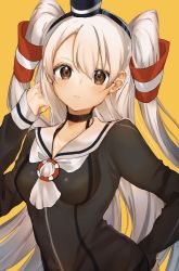Rule 34 | 1girl, amatsukaze (kancolle), bad id, bad twitter id, brown dress, brown eyes, cowboy shot, dress, hair tubes, hat, highres, kantai collection, long hair, looking at viewer, mini hat, sailor dress, silver hair, simple background, smokestack hair ornament, solo, thighhighs, tsunonigau, two side up, yellow background