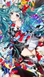 Rule 34 | 1girl, absurdres, aqua eyes, aqua hair, bare shoulders, belt, blue eyes, blue hair, bow, bowtie, breasts, commentary, detached sleeves, english commentary, hair ornament, hatsune miku, highres, long hair, looking at viewer, mika pikazo, skirt, smile, solo, teeth, twintails, very long hair, vocaloid