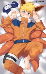 Rule 34 | 1boy, animal ears, barefoot, bed, bed sheet, blonde hair, blue eyes, commentary request, extra ears, facial mark, feet, fingernails, forehead protector, fox ears, fox tail, from above, g1 (jjw00123), highres, jumpsuit, long sleeves, looking at viewer, lying, male focus, multiple tails, naruto, naruto (series), ninja, on back, on bed, orange jumpsuit, short hair, smile, solo, spiked hair, tail, teeth, toenails, uzumaki naruto, whisker markings