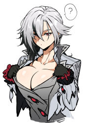 Rule 34 | 1girl, ?, arlecchino (genshin impact), black hair, breasts, cleavage, collarbone, commentary request, genshin impact, gloves, grey hair, hair between eyes, henriiku (ahemaru), highres, large breasts, long sleeves, multicolored hair, simple background, solo, speech bubble, two-tone hair, upper body, white background