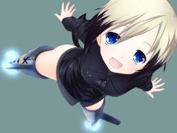 Rule 34 | 1girl, blonde hair, blue eyes, erica hartmann, flying, highres, looking at viewer, military, military uniform, no panties, open mouth, short hair, simple background, solo, strike witches, striker unit, tail, uniform, urepito honke, world witches series