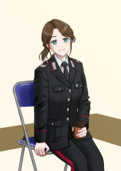 Rule 34 | 1girl, bad id, bad pixiv id, black jacket, black necktie, black pants, brown hair, carabinieri, chair, closed mouth, commentary, cup, disposable coffee cup, disposable cup, drink, green eyes, highres, holding, holding cup, holding drink, italy, jacket, long sleeves, necktie, original, pants, piiiiiko, pocket, police, police uniform, policewoman, ponytail, shirt, sitting, smile, solo, striped clothes, striped pants, uniform, vertical-striped clothes, vertical-striped pants, white shirt