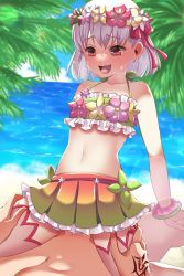 Rule 34 | 1boy, 1girl, absurdres, bare shoulders, beach, bikini, blue sky, blush, breasts, collarbone, command spell, cowgirl position, fate/grand order, fate (series), flower wreath, girl on top, green bikini, hair ribbon, head wreath, hetero, highres, kama (fate), kama (swimsuit avenger) (fate), kama (swimsuit avenger) (first ascension) (fate), miniskirt, navel, ocean, open mouth, palm tree, penis, rainbow skirt, red eyes, ribbon, sex, shore, short hair, silver hair, skirt, sky, small breasts, smile, straddling, swimsuit, thighhighs, thighs, tree, utani (punishment), white thighhighs