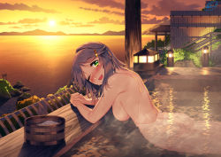 Rule 34 | 1girl, ashiyu, black hair, blew andwhite, blush, breasts, bucket, building, from side, green eyes, hair ornament, hairclip, highres, kantai collection, kuroshio (kancolle), large breasts, looking at viewer, nude, one eye closed, onsen, open mouth, orange sky, outdoors, partially submerged, short hair, sidelocks, signature, sky, smile, solo, steam, sunset, tareme, water, wet