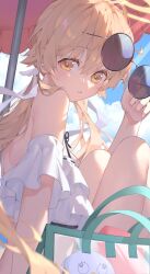 Rule 34 | 1girl, absurdres, bikini, blonde hair, blue archive, blue sky, brown eyes, cloud, day, halo, hifumi (blue archive), hifumi (swimsuit) (blue archive), highres, iwashi 111, long hair, looking at viewer, low twintails, official alternate costume, outdoors, parasol, peroro (blue archive), revision, round eyewear, sitting, sky, solo, sunglasses, swimsuit, thighs, twintails, umbrella, white bikini, yellow halo