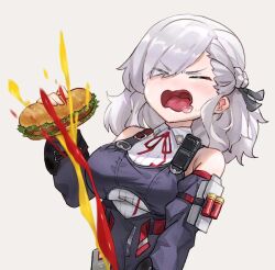 Rule 34 | 1girl, ayanami barrage (meme), bare shoulders, braid, breasts, closed eyes, commentary request, detached sleeves, eyes visible through hair, food, girls&#039; frontline, girls&#039; frontline 2: exilium, grey background, grey hair, hair over one eye, hair ribbon, holding, holding food, id card, ketchup, large breasts, medium hair, meme, mustard, open mouth, ribbon, saliva, sandwich, sexually suggestive, shotgun shell, simple background, solo, spas-12 (girls&#039; frontline), zerowill