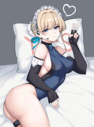 Rule 34 | 1girl, absurdres, ass, black gloves, blonde hair, blue archive, blue eyes, blush, breasts, closed mouth, cowboy shot, earpiece, fingerless gloves, gloves, heart, highres, jiangyou dang, looking at viewer, maid, maid headdress, medium breasts, no halo, short hair, solo, thigh strap, toki (blue archive), unconventional maid, v, yes, yes-no pillow