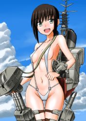 Rule 34 | 10s, 1girl, bikini, black hair, blue sky, breasts, cloud, cloudy sky, collarbone, cowboy shot, day, fubuki (kancolle), green eyes, kantai collection, koutarou (plusdrive), looking at viewer, mecha musume, navel, open mouth, silver bikini, sky, slingshot swimsuit, small breasts, smile, solo, standing, swimsuit, thigh gap, thigh strap