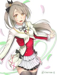 Rule 34 | 10s, 1girl, :d, absurdres, black thighhighs, brown eyes, covered navel, enosan, hair ornament, highres, idol, long hair, looking at viewer, love live!, love live! school idol project, minami kotori, open mouth, pleated skirt, silver hair, skirt, smile, solo, sore wa bokutachi no kiseki, thighhighs, zettai ryouiki
