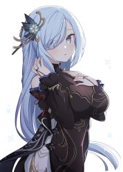 Rule 34 | 1girl, black dress, black sleeves, blue eyes, blue hair, breasts, cleavage, detached sleeves, dress, genshin impact, hair ornament, hair over one eye, highres, large breasts, light blue hair, long hair, looking at viewer, official alternate costume, official alternate hairstyle, open mouth, see-through, see-through cleavage, shenhe (frostflower dew) (genshin impact), shenhe (genshin impact), simple background, sleeveless, sleeveless dress, solo, taiyaki (astre), upper body, white background
