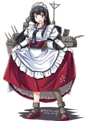 Rule 34 | 10s, 1girl, adapted costume, agano (kancolle), alternate costume, black hair, blouse, breasts, brown thighhighs, cannon, enmaided, green eyes, kantai collection, long hair, long sleeves, machinery, maid, maid headdress, necktie, open mouth, puffy sleeves, shirt, single thighhigh, skirt, smile, smokestack, solo, tatsumi ray, thighhighs, turret