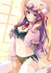 Rule 34 | 1girl, black bra, black panties, blue bow, bow, bra, breasts, capelet, cleavage, crescent, crescent pin, dress, hair bow, hat, highres, indoors, long hair, looking at viewer, medium breasts, mob cap, open clothes, open dress, panties, patchouli knowledge, pink capelet, pink dress, pink hat, purple eyes, purple hair, red bow, solo, thighhighs, touhou, underwear, vanilla (miotanntann), white thighhighs, window