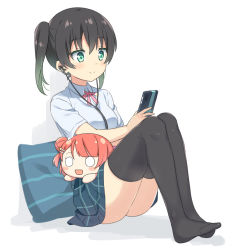 Rule 34 | 1girl, :d, ass, black hair, black thighhighs, blue thighhighs, breasts, brown hair, cellphone, character doll, chinese commentary, closed mouth, collared shirt, commentary request, dress shirt, earbuds, earphones, full body, gradient hair, green eyes, green hair, hair between eyes, hair bun, hatsunatsu, holding, holding phone, knees up, looking away, love live!, love live! nijigasaki high school idol club, multicolored hair, neck ribbon, nesoberi, nijigasaki school uniform, no shoes, open mouth, phone, pillow, pink ribbon, ribbon, school uniform, shirt, side bun, single hair bun, single side bun, sitting, small breasts, smile, solo, takasaki yu, thighhighs, twintails, uehara ayumu, white background, white shirt