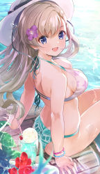 Rule 34 | 1girl, :d, absurdres, aged up, ass, back, bare arms, bare shoulders, bikini, blue eyes, bracelet, breasts, cleavage, cup, drinking glass, flower, green bikini, hair flower, hair ornament, halterneck, hat, highres, hisakawa hayate, idolmaster, idolmaster cinderella girls, jewelry, large breasts, long hair, looking at viewer, looking to the side, open mouth, silver hair, smile, solo, sun hat, swimsuit, tetsujin momoko, thighs, water, wet, white bikini, white hat