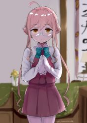 Rule 34 | 1girl, ahoge, blue bow, blue bowtie, blush, bow, bowtie, calligraphy, closed mouth, cowboy shot, double bun, dress, flower, hair bun, halterneck, kantai collection, lamp, long hair, looking at viewer, makigumo (kancolle), pantyhose, pink hair, purple dress, purple pantyhose, shirt, solo, someno haru, twintails, twitter username, very long sleeves, white shirt, yellow eyes